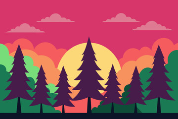 Fototapeta premium A Basic Outline Of A Forest Silhouette Against A Simple And Colorful Evening Sky