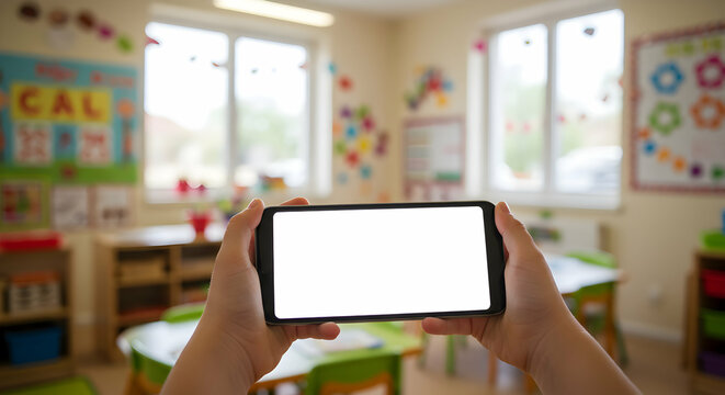 Blank Tablet Screen in Preschool Classroom Educational Technology Mockup