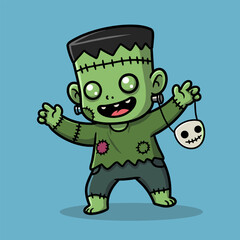Black-and-white line art of a smiling cartoon Frankenstein holding a skull-shaped bucket, with glowing eyes and stitched features—festive and playful.