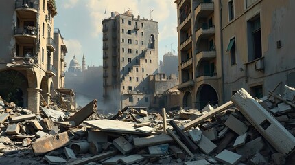 Close-up of a destroyed city building. Rich and visible textures, emphasis on the contrast between light and shadow on the rubble.