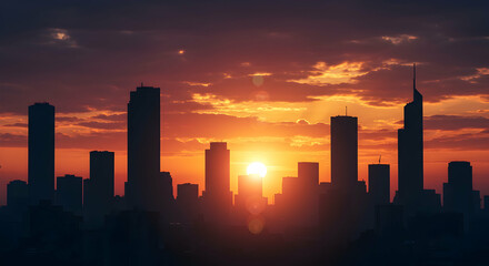 Fototapeta premium Majestic City Skyline at Sunset Dramatic Orange Hues Urban Landscape Architecture Photography