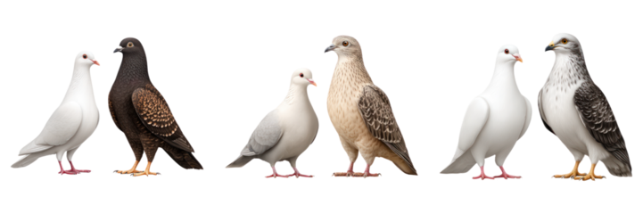 Two pairs of white and brown birds standing side by side with calm and alert expressions in clear view