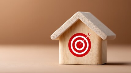 Real estate competition. Wooden house model with a target symbol, symbolizing goals or objectives in business.