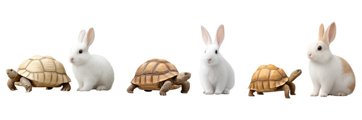 Fototapeta premium Group of tortoise and rabbit pairs showing speed difference metaphor with calm and gentle animals