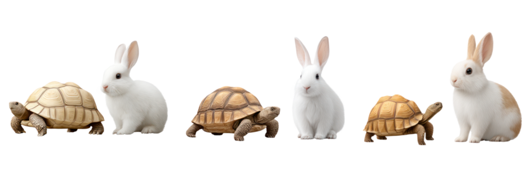 Group of tortoise and rabbit pairs showing speed difference metaphor with calm and gentle animals