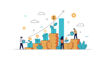 Illustrating the concept of financial growth and investment strategies in a simplified animated style featuring people nurturing stacked coins and a rising bar graph indicating profit and success