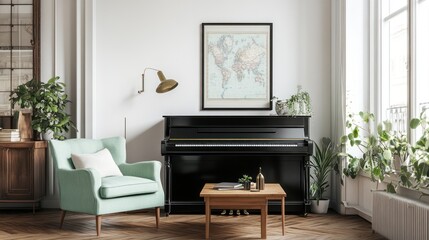 Bright, airy living room with piano, chair, and plants under natural light
