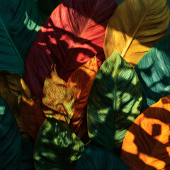 Fototapeta premium Close-up of bright tropical leaves in overlapping geometric shadows