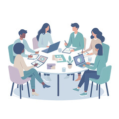 Business Team Office Discussion Illustration – Professional Coworkers Collaborating in Modern Workplace Vector