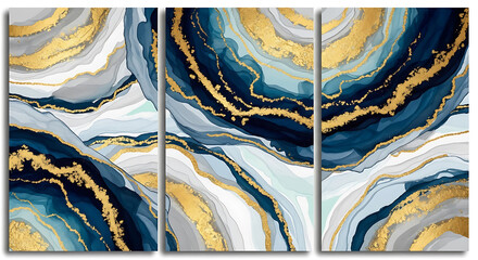 Abstract artwork featuring flowing blue and gold inks creating modern fluid textures