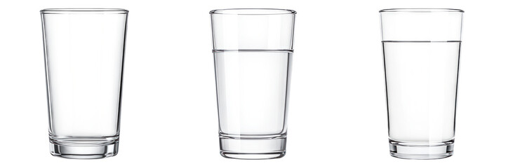Glass empty half full and full water level perception contrast concept with clear transparent container