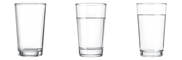 Glass empty half full and full water level perception contrast concept with clear transparent container