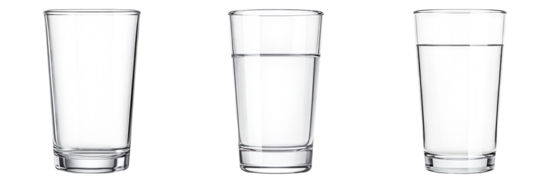 Glass empty half full and full water level perception contrast concept with clear transparent container