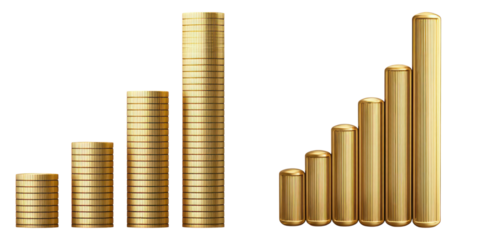 Golden coin stacks and bars arranged in ascending order symbolizing financial growth and bullish market trend
