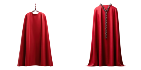 Red superhero cape hanging with chain, symbolizing strength and liberation with broken chains and flowing fabric