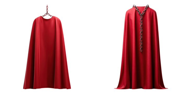 Red superhero cape hanging with chain, symbolizing strength and liberation with broken chains and flowing fabric
