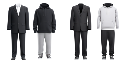 Business suit and casual hoodie outfit comparison showing formal and relaxed clothing for men