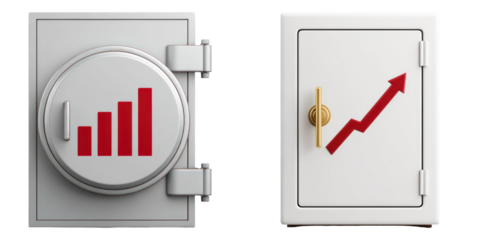 Safe with red growing value chart and white vault with upward arrow symbolizing wealth growth and financial security