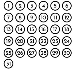 Number Set 1&ndash;31 in Circle Outline Icons. Simple round numbers icon set. Set of 1-31 numbers simple symbol