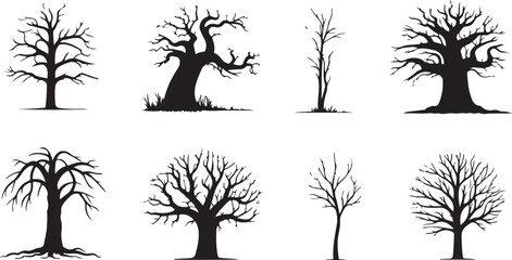  Collection of eight black and white leafless tree silhouettes with distinct shapes, gnarled branches, and varied structures for a stark and minimalist depiction of barren trees.