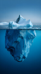 Obraz premium An iceberg split above and below calm water, showing icy depth. 