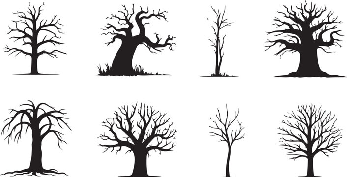  Collection of eight black and white leafless tree silhouettes with distinct shapes, gnarled branches, and varied structures for a stark and minimalist depiction of barren trees.