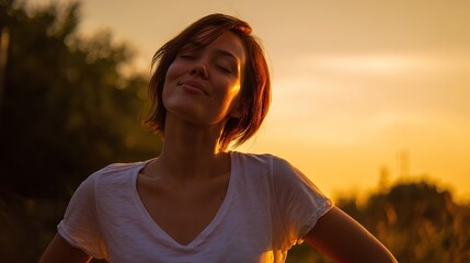 Woman with short brown hair, white t-shirt, closed eyes, stands front of sunset, smiling at camera in half-body shot; commercial advertisement or video still style.