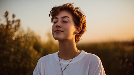 Woman with short brown hair, white t-shirt, closed eyes, stands front of sunset, smiling at camera in half-body shot; commercial advertisement or video still style.