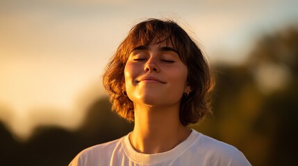 Woman with short brown hair, white t-shirt, closed eyes, stands front of sunset, smiling at camera in half-body shot; commercial advertisement or video still style.