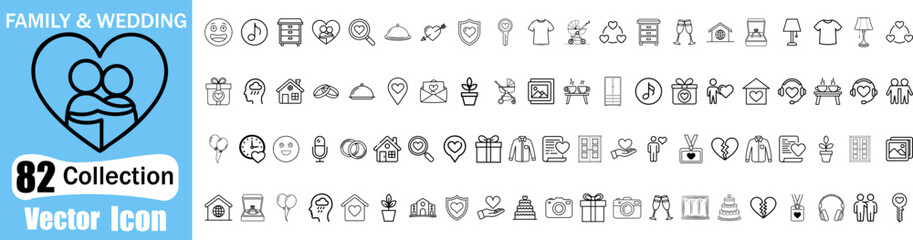 Family and wedding icon collection featuring hearts love and relationships