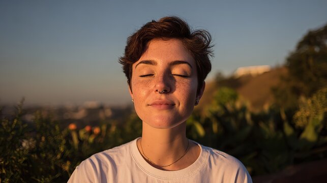 Woman with short brown hair, white t-shirt, closed eyes, stands front of sunset, smiling at camera in half-body shot; commercial advertisement or video still style.