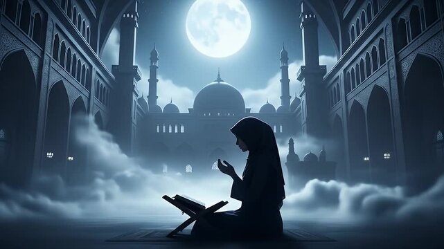 Muslim woman praying in mosque at night under full moon spiritual religious imagery