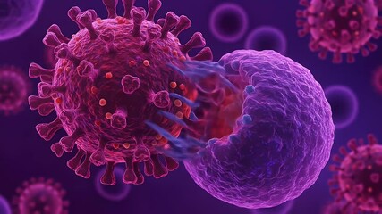 A 3D medical illustration showing an immune cell attacking a coronavirus particle against a purple background - Powered by Adobe