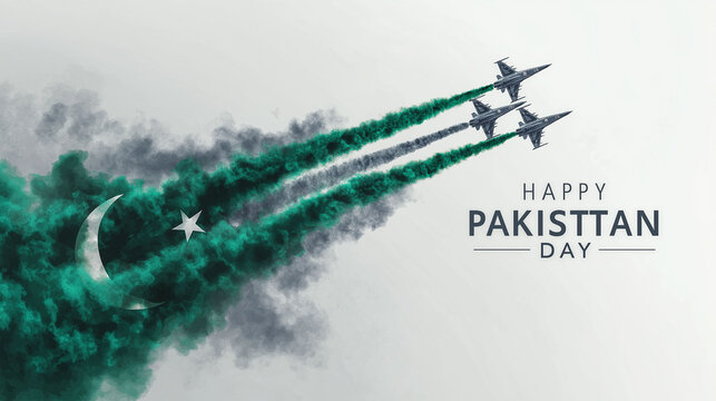 Pakistan Day Aerial Display: A stunning aerial display of fighter jets streaks across the sky, leaving a trail of green smoke in honor of Pakistan Day.