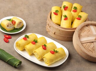 Semar Mendem is an Indonesian savoury snack made of glutinous rice filled with seasoned shredded chicken, fish abon (meat floss) or serundeng wrapped in a thin omelet