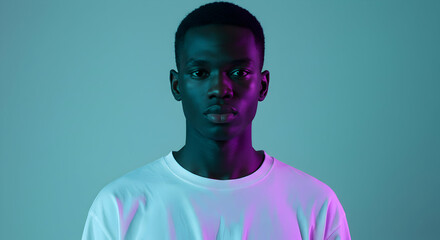 Young African American man portrait studio shot neon light creative fashion model cool vibe