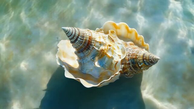 A sea shell on the beach with water in the background