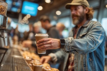 Young man taps smartwatch to buy coffee at sleek street cart, morning sun glows across blurred city backdrop.