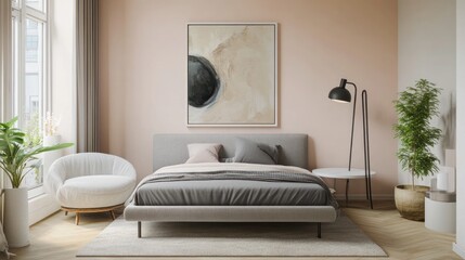 Cozy bedroom with a gray bed and peach walls, featuring greenery and natural light