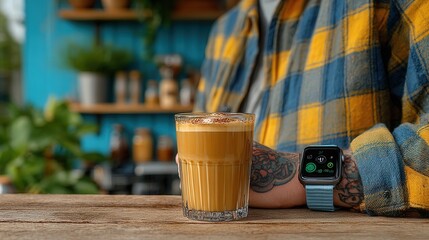 Young man taps smartwatch to buy coffee at sleek street cart, morning sun glows across blurred city backdrop.
