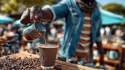 Young man taps smartwatch to buy coffee at sleek street cart, morning sun glows across blurred city backdrop.