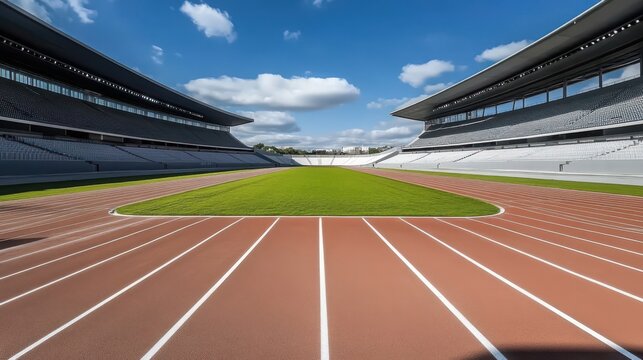 Empty athletic stadium with a running track and grass field under a clear sky