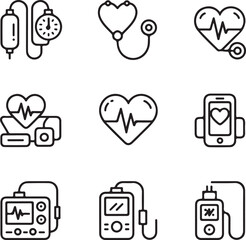 Collection of heart rate, blood pressure, and wearable health monitoring icons in modern outline style