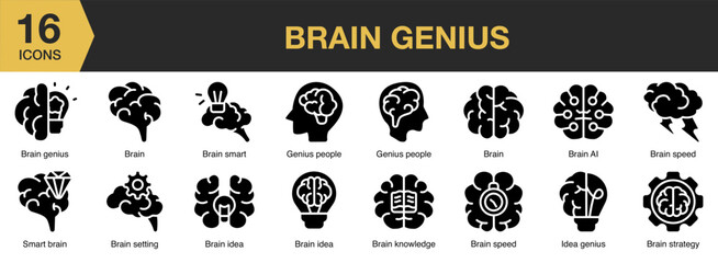 Brain Genius solid icon set. Includes smart, human, creative, head, psychology, memory, and More. Solid icons vector collection.