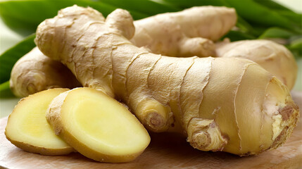 Close-up fresh ginger root sliced pieces a wooden cutting board, against a blurred green background.