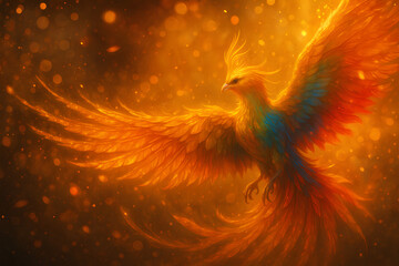 A majestic phoenix with fiery wings soars in a glowing golden atmosphere.