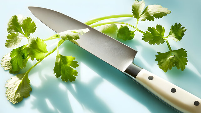 A sleek chef's knife rests gracefully atop vibrant green cilantro sprigs against a soft blue backdrop.