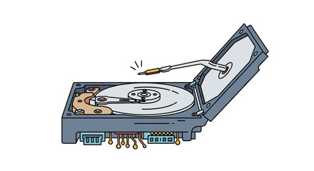 Close up view of a damaged computer hard drive platter and read write head assembly revealing internal components and circuitry
