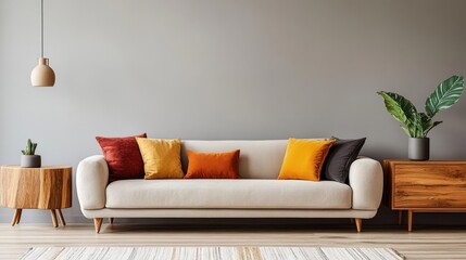 Beige sofa with colorful cushions in a modern living room with wooden furniture