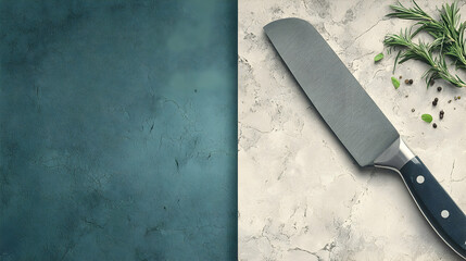 A sleek chef's knife rests a textured off-white surface, next fresh rosemary peppercorns, against a teal backdrop.